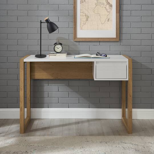 Walker Edison 46" English Oak/Solid White Fluted Drawer Writing Desk